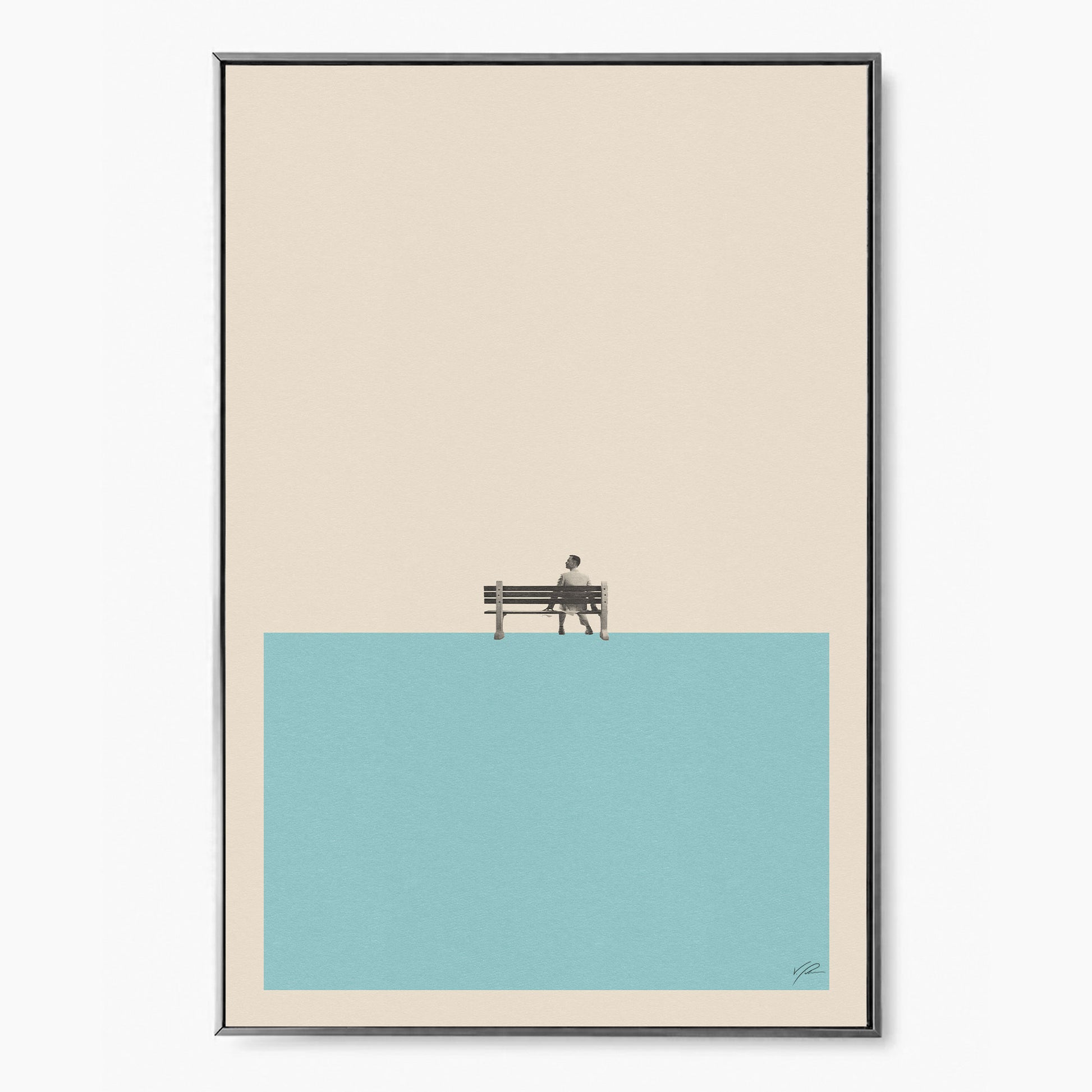 A Forrest Gump-inspired print featuring a wallflower sitting on a bench in the water from thewallflowerclub.