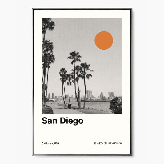 a print art of san diego beach with palm tree and orange sun