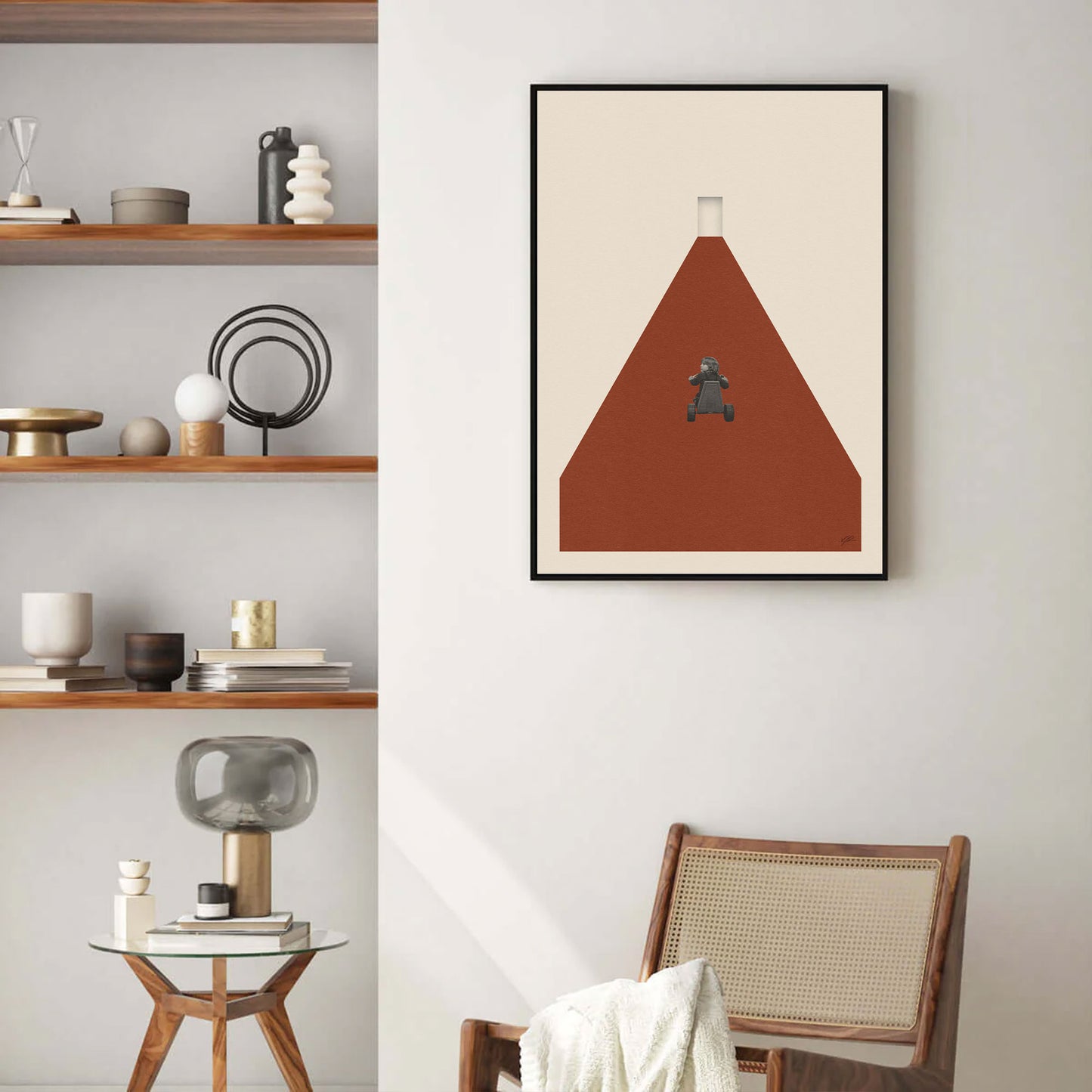 print art of movie The Shining featuring a kid on a bike in hotel hallway