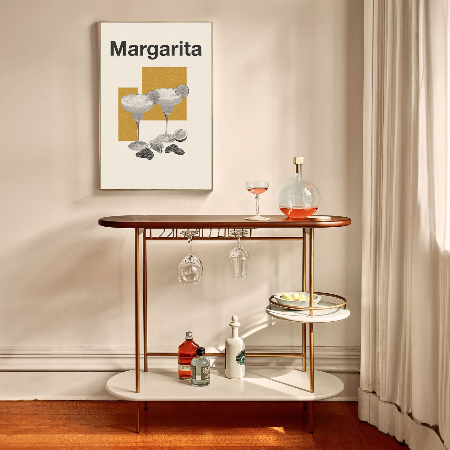Thewallflowerclub Margarita cocktail bar cart in a minimalist living room.