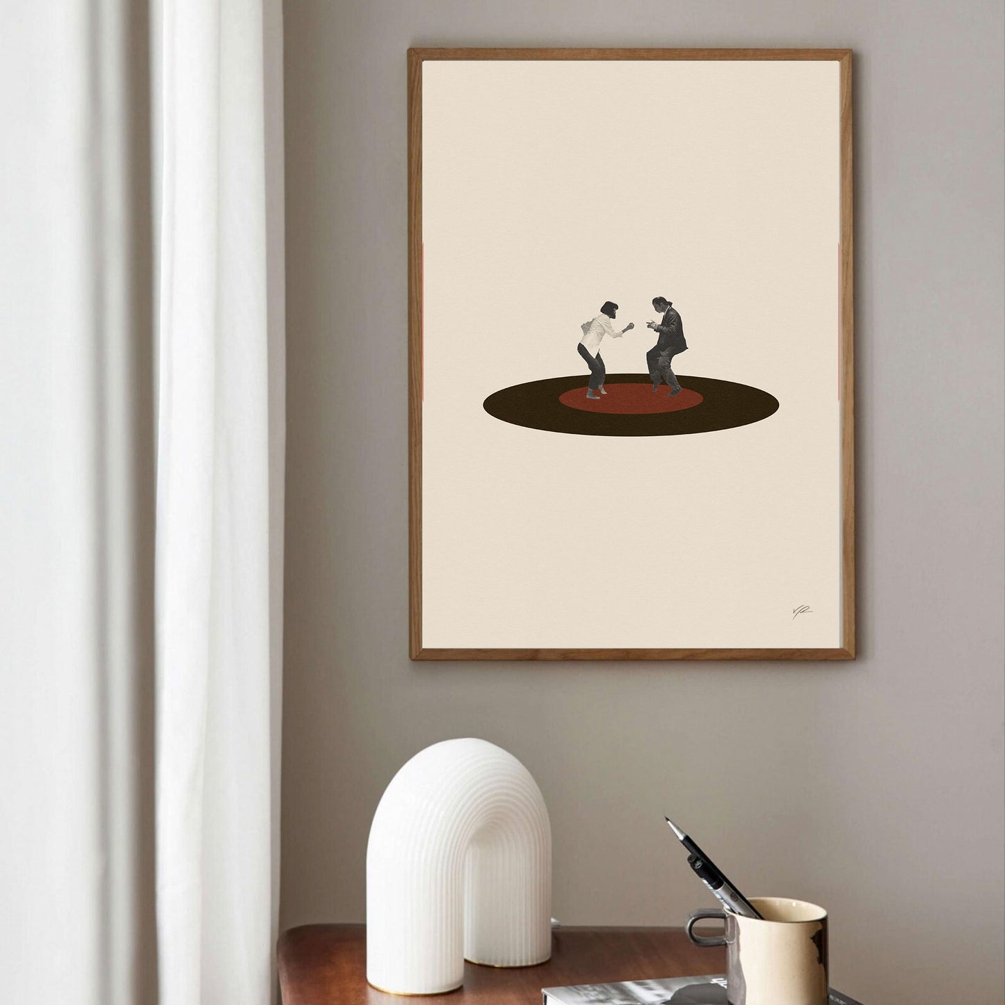 Minimalist print art of the movie Pulp Fiction featuring Uma Thurman dancing with John Travolta