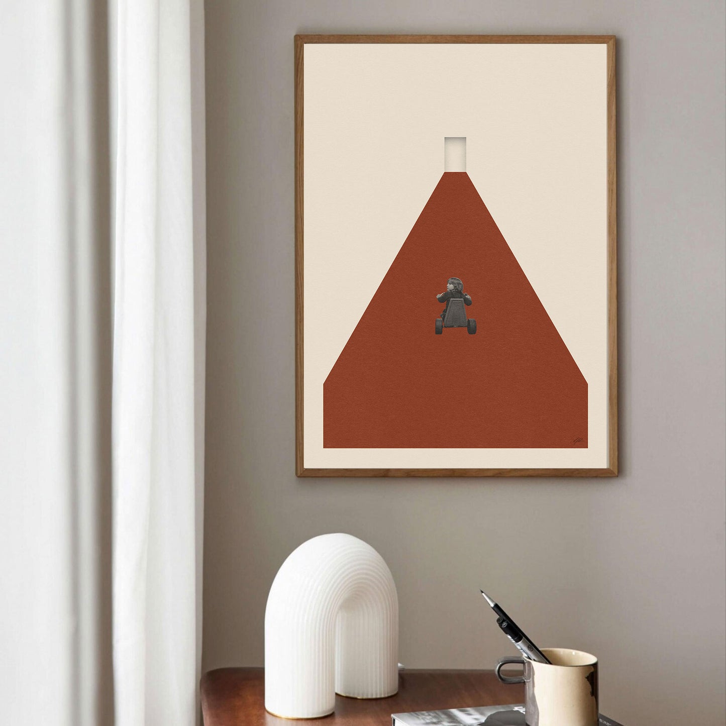 print art of movie The Shining featuring a kid on a bike in hotel hallway