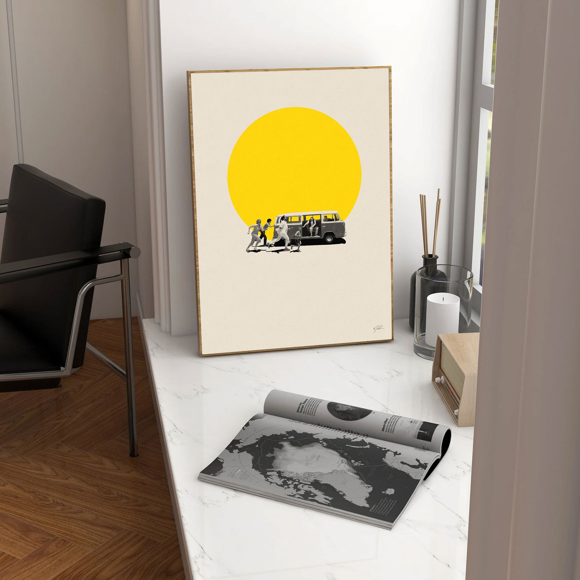 Poster of a scene from Little Miss Sunshine movie with the family running after the yellow van