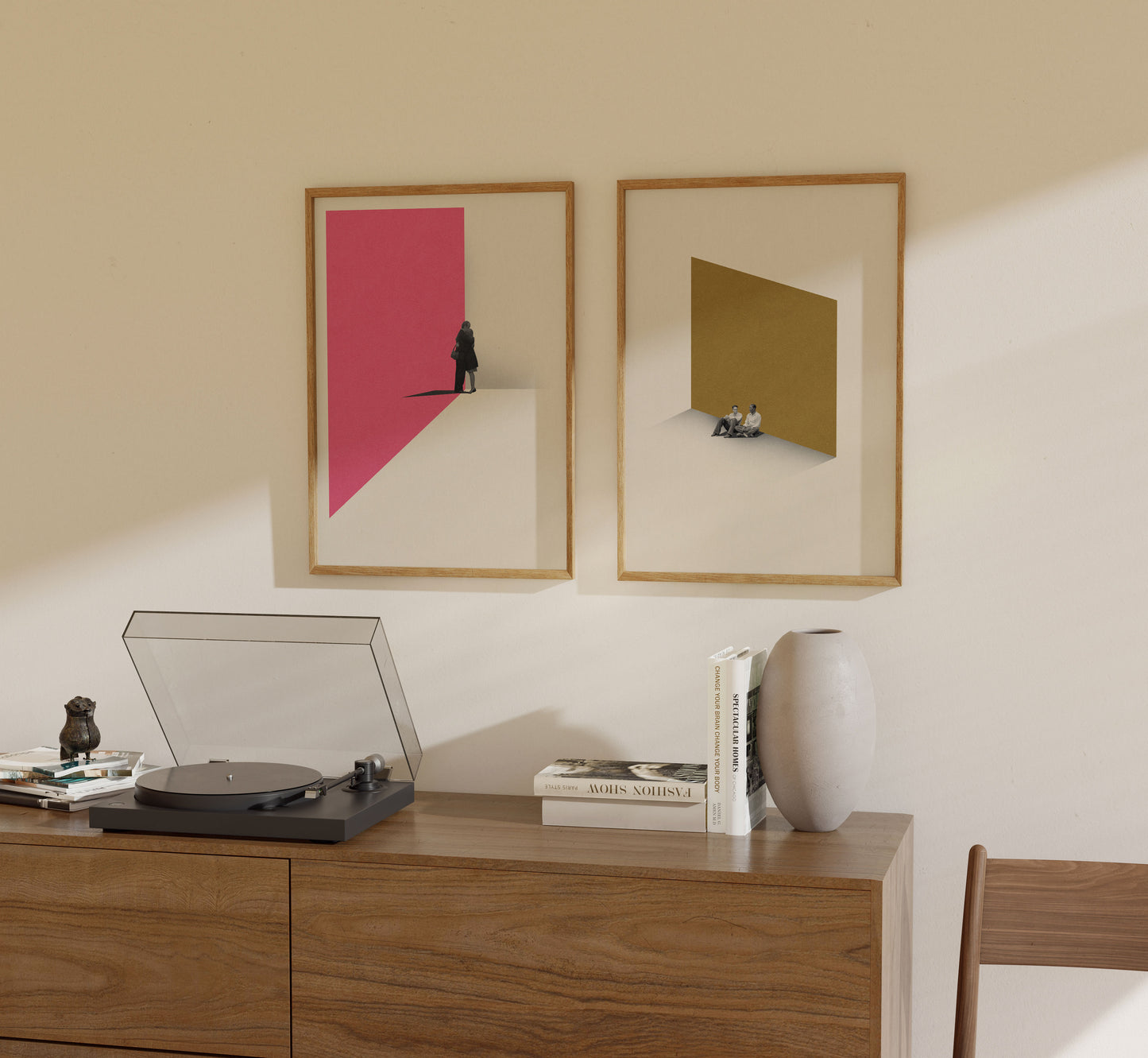 two wall art Shawshank Redemption print art hang next to abstract movie poster of Lost in Translation above a dresser