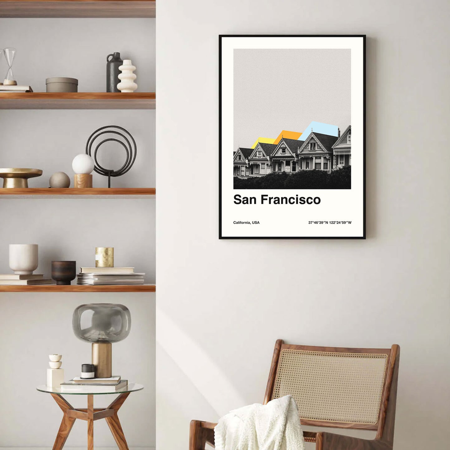 a bauhaus poster of the painted ladies houses in san francisco with coordinates