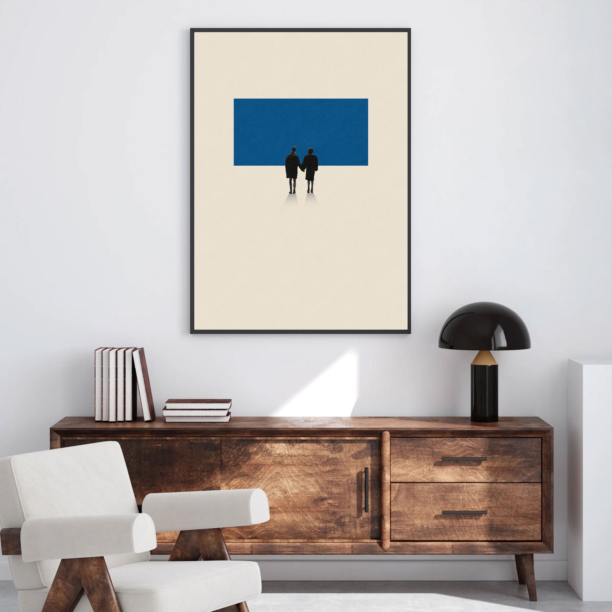 A framed Fight Club movie poster of two people holding hand in a living room