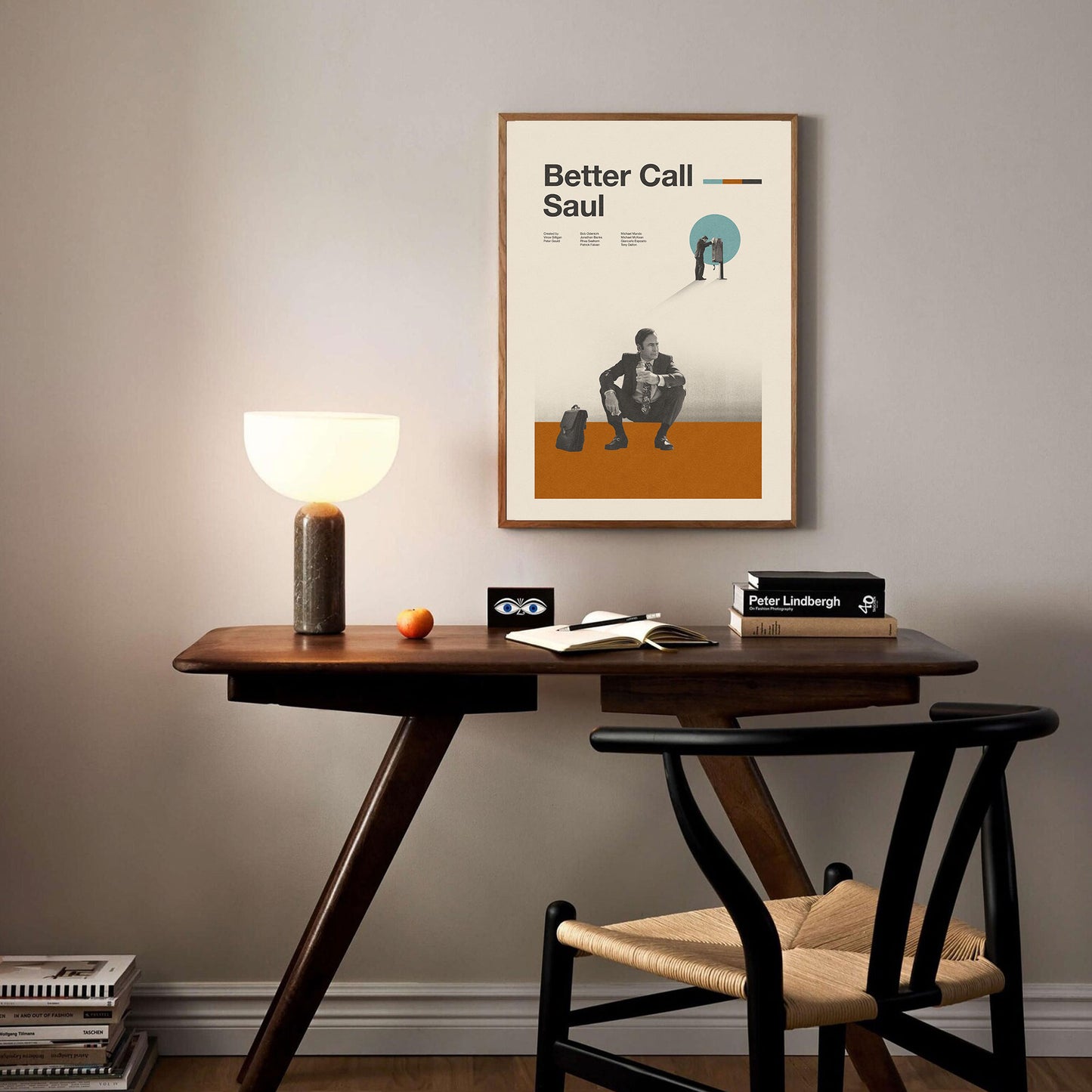Mid-century modern inspired print art of the TV series Better Call Saul featuring Saul siting on the ground