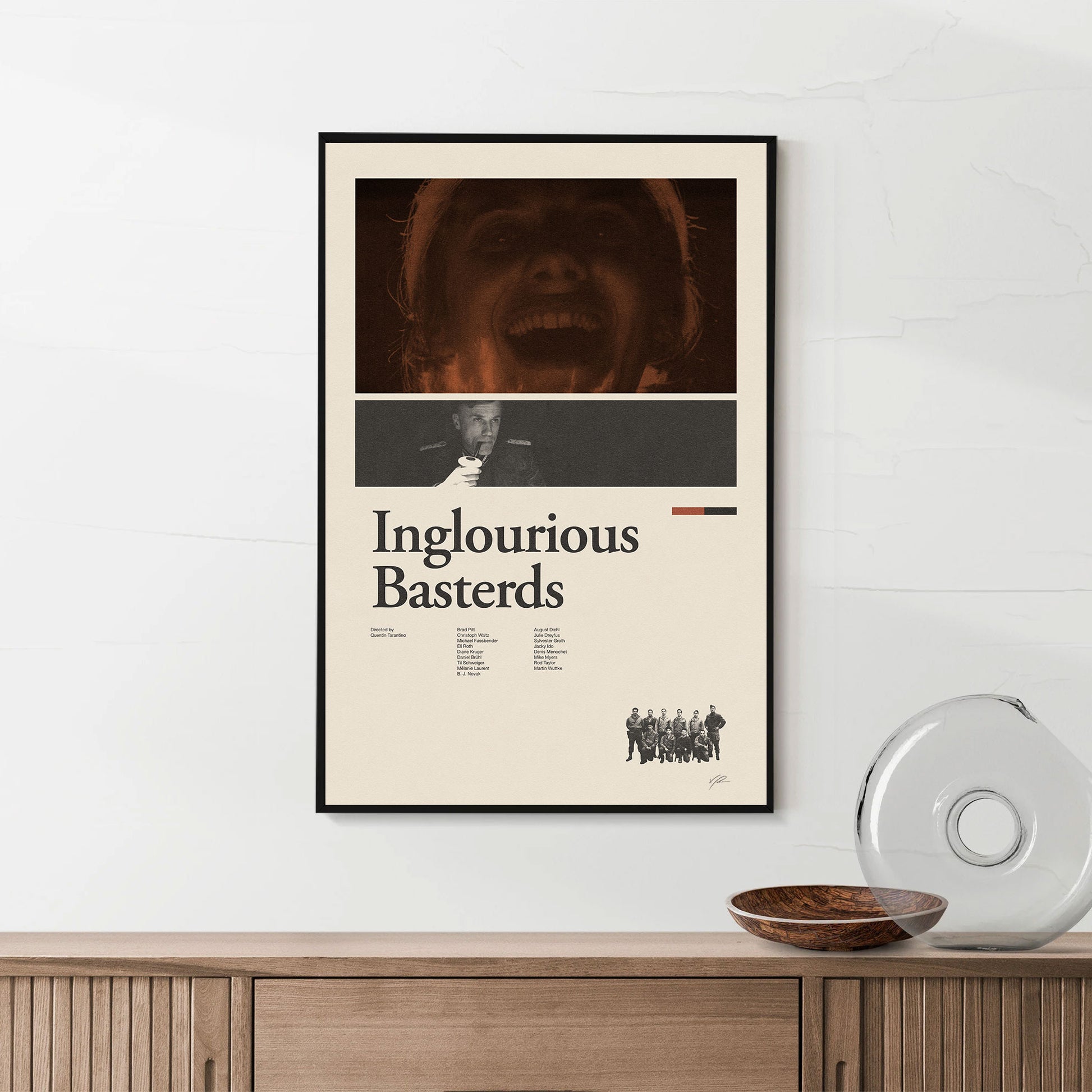 A mid-century modern art print of the movie Inglourious Basterds by Quentin Tarantino with Brad Pitt