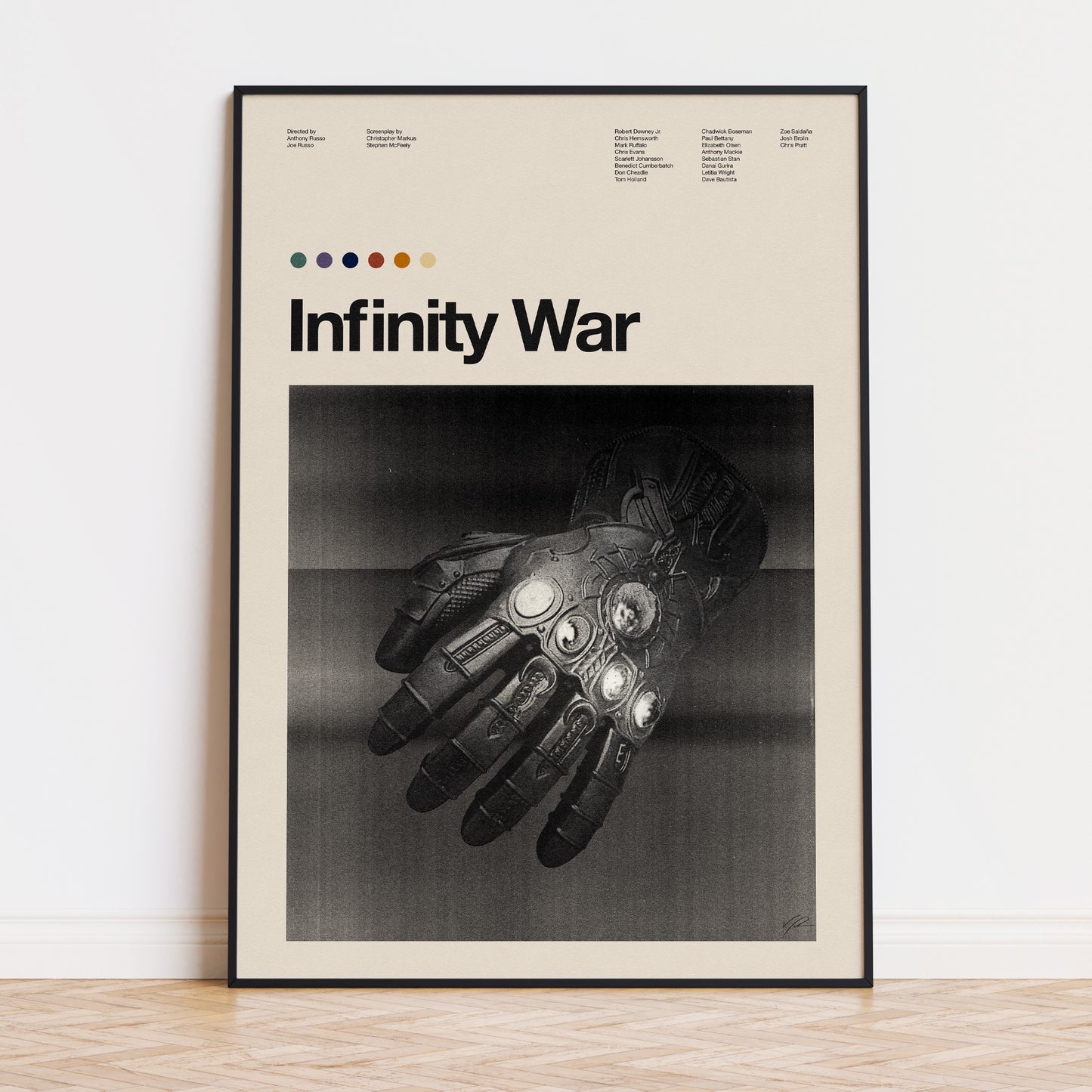A minimalist movie poster of the infinity gauntlet with stones from Infinity War movie
