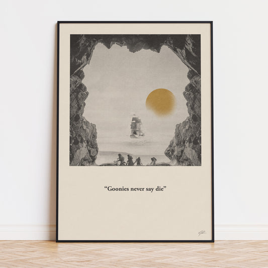 Print art of the classic movie The Goonies featuring kids on an island and a pirate ship including quotes