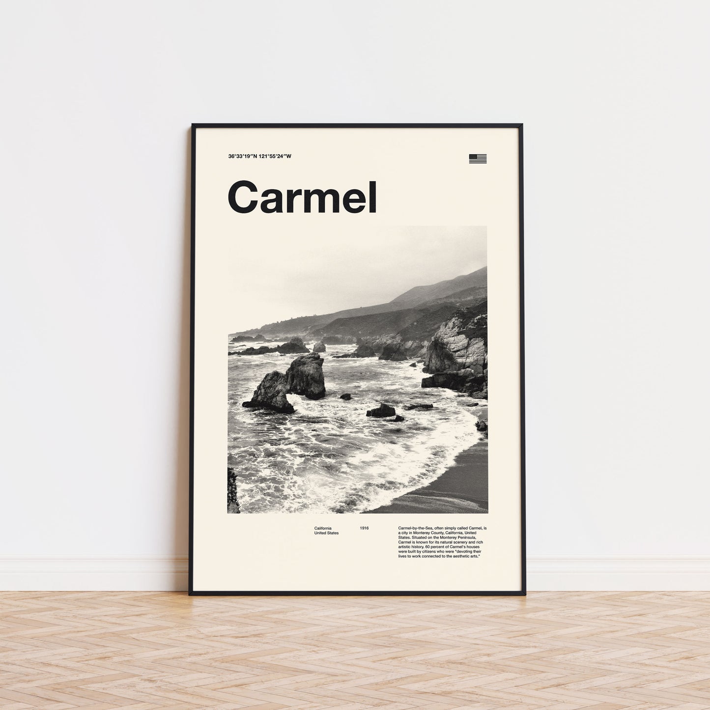 An art print of the word Carmel by the sea on a black and white poster by thewallflowerclub.