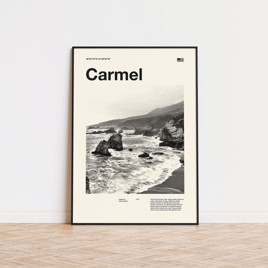 An art print of the word Carmel by the sea on a black and white poster by thewallflowerclub.