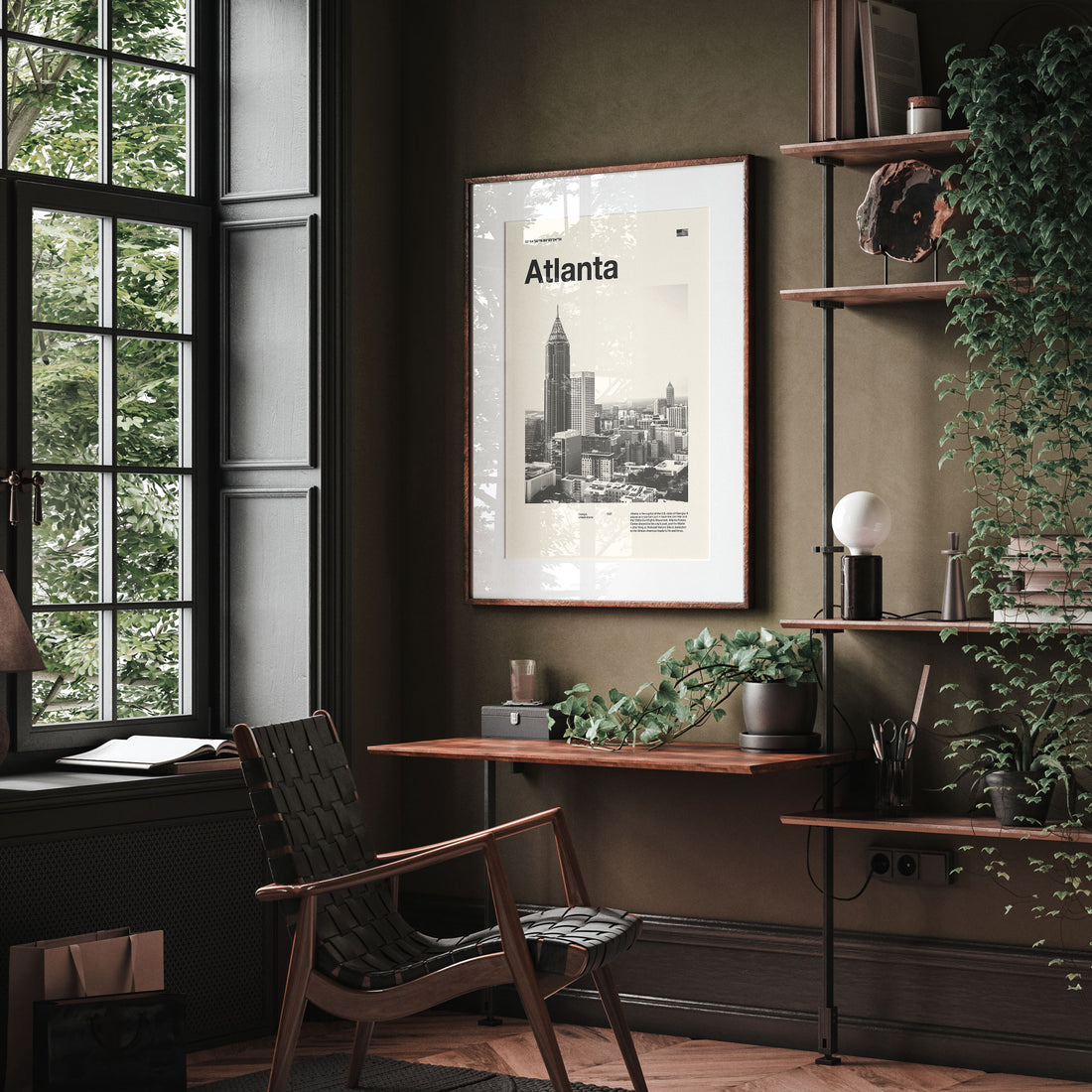 a framed art print of Atlanta city skyline in a mid-century style living room