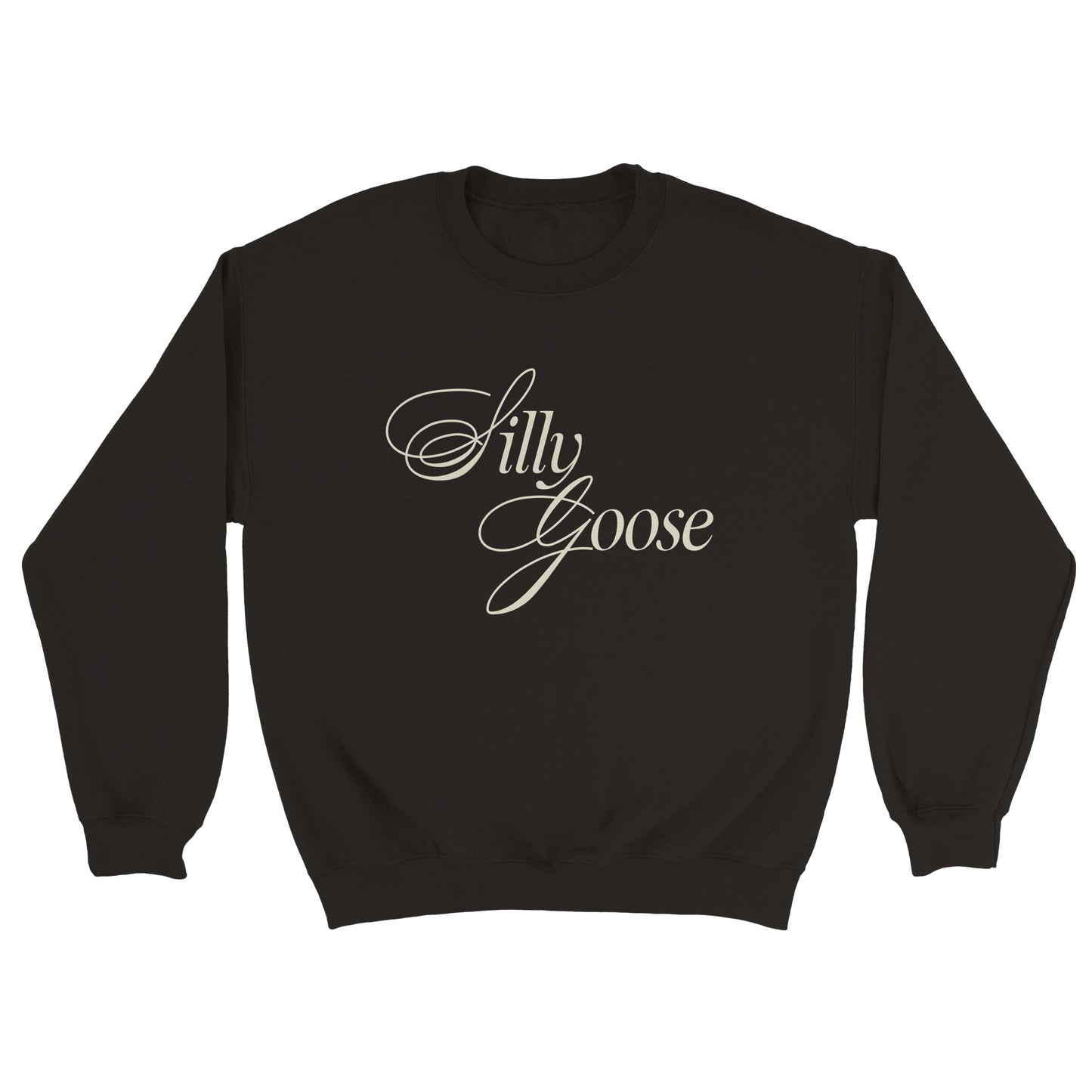 a black sweater with the word Silly Goose printed on