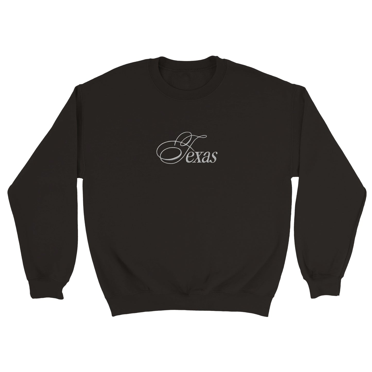 a black sweatshirt with embroidered text Texas in serif font