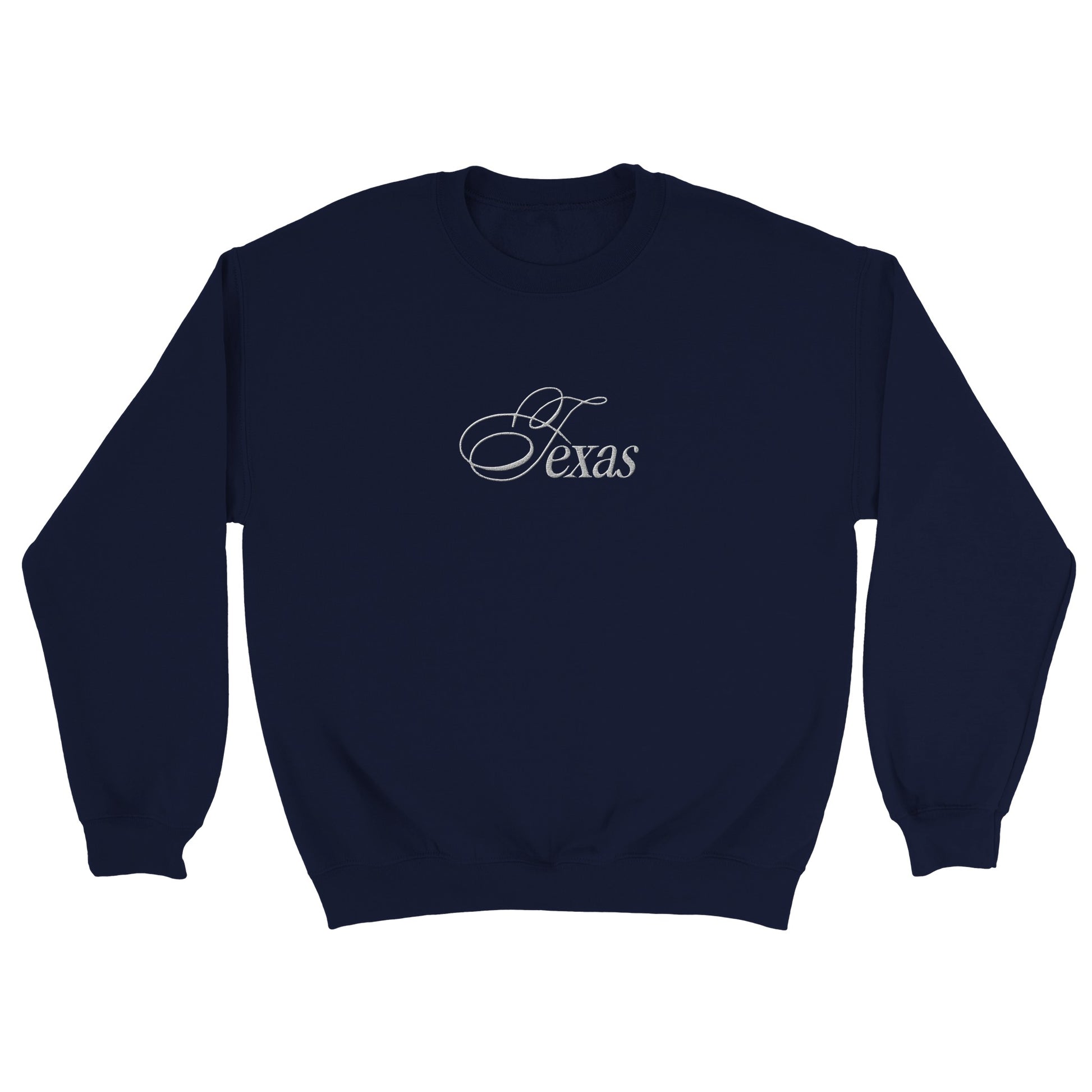 a navy sweatshirt with embroidered text Texas in serif font