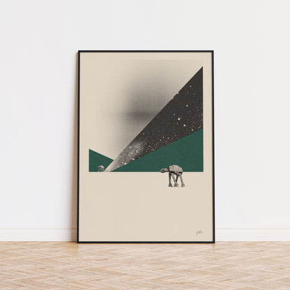 a poster of Star War The Empire Strike Back movie done in mid century modern style