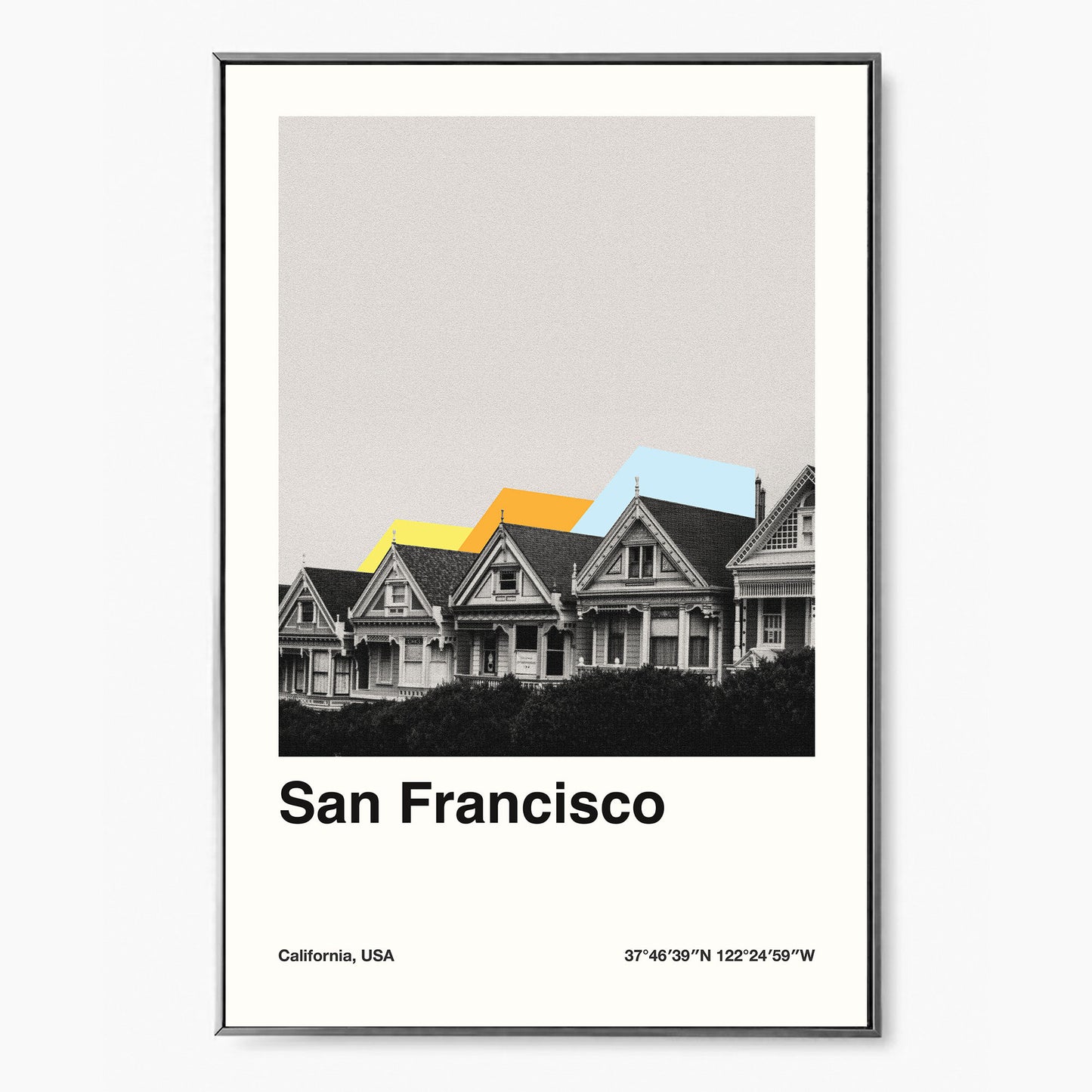 a abstract poster of the painted ladies houses in san francisco with coordinates