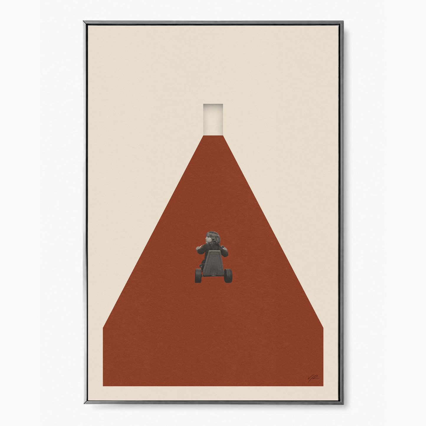 print art of movie The Shining featuring a kid on a bike in hotel hallway