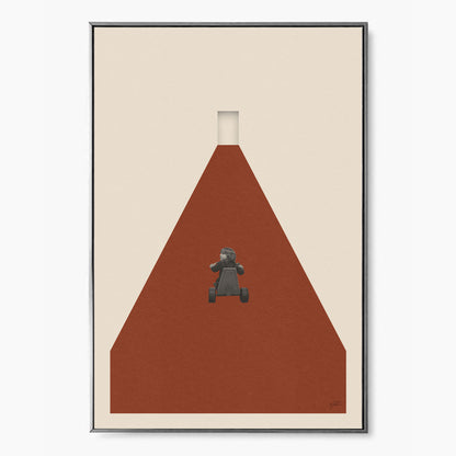 print art of movie The Shining featuring a kid on a bike in hotel hallway
