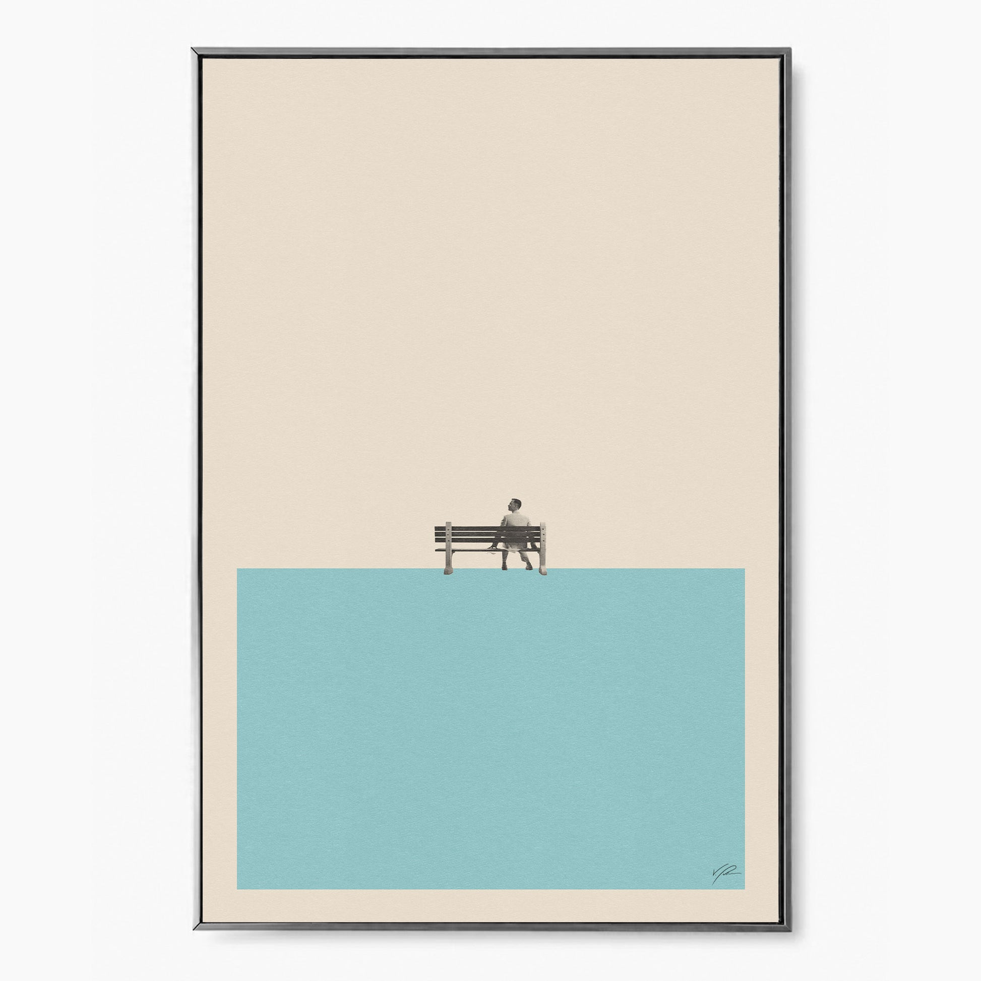 A Forrest Gump-inspired print featuring a wallflower sitting on a bench in the water from thewallflowerclub.