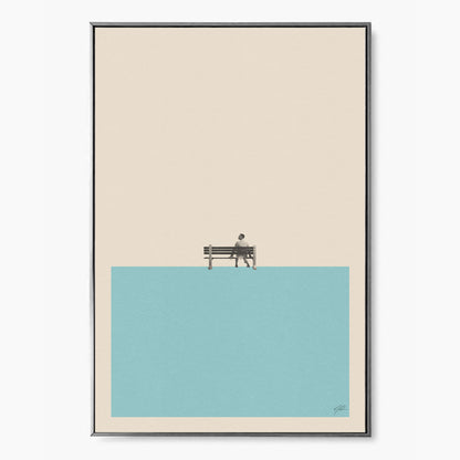 A Forrest Gump-inspired print featuring a wallflower sitting on a bench in the water from thewallflowerclub.