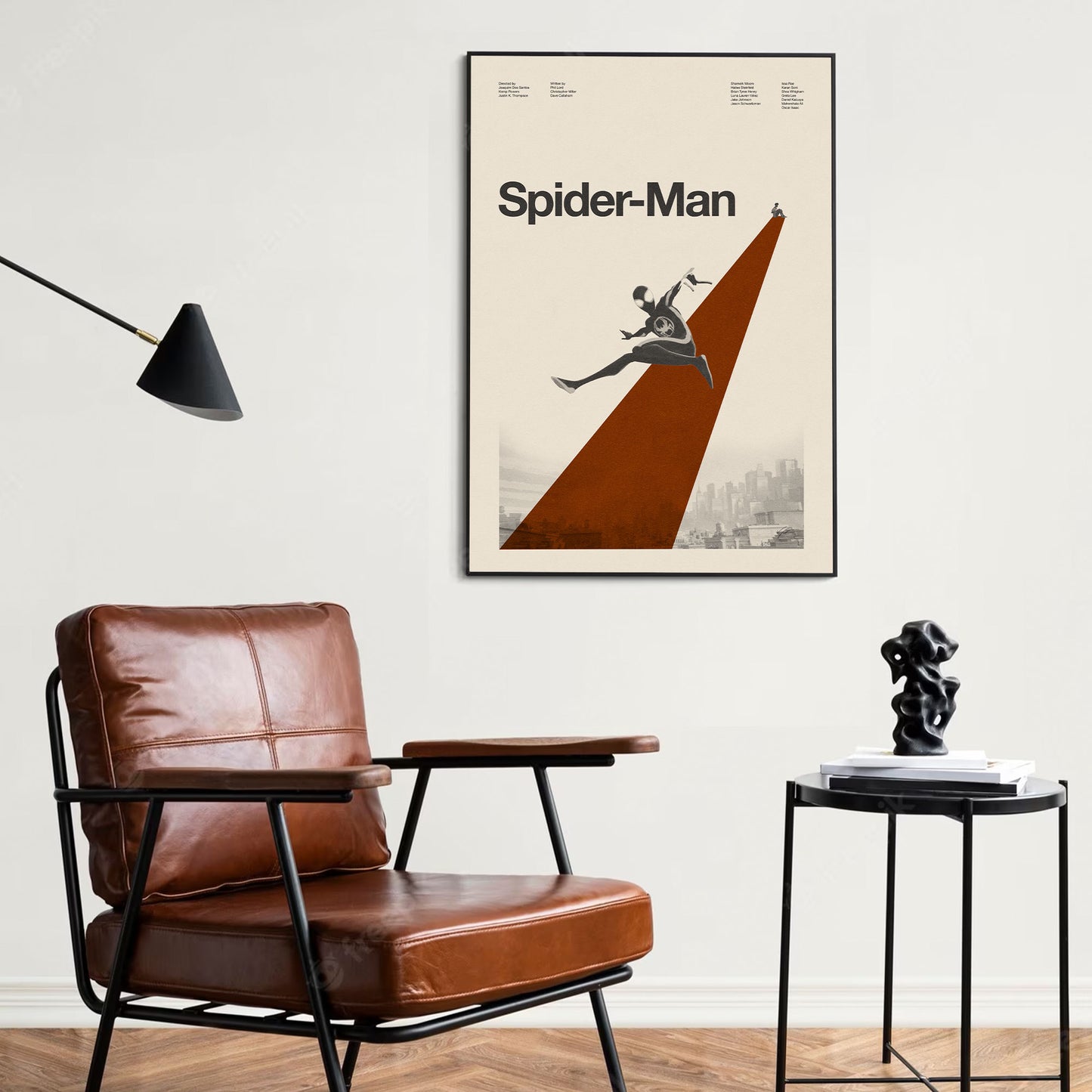 Mid-century modern movie inspired poster of Spider man jumping through buildings in New York