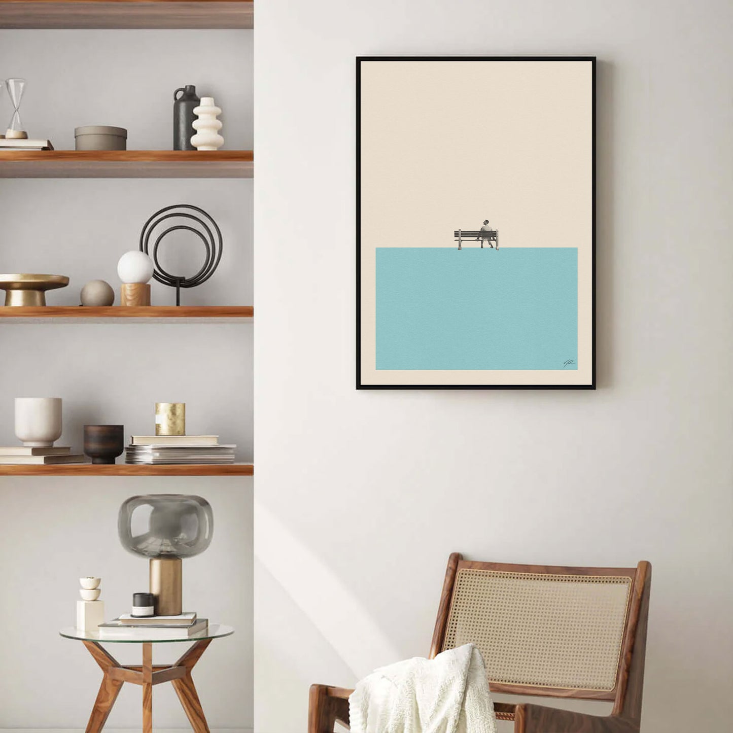 A living room with a museum quality framed print of "Forrest Gump" by thewallflowerclub on matte paper.