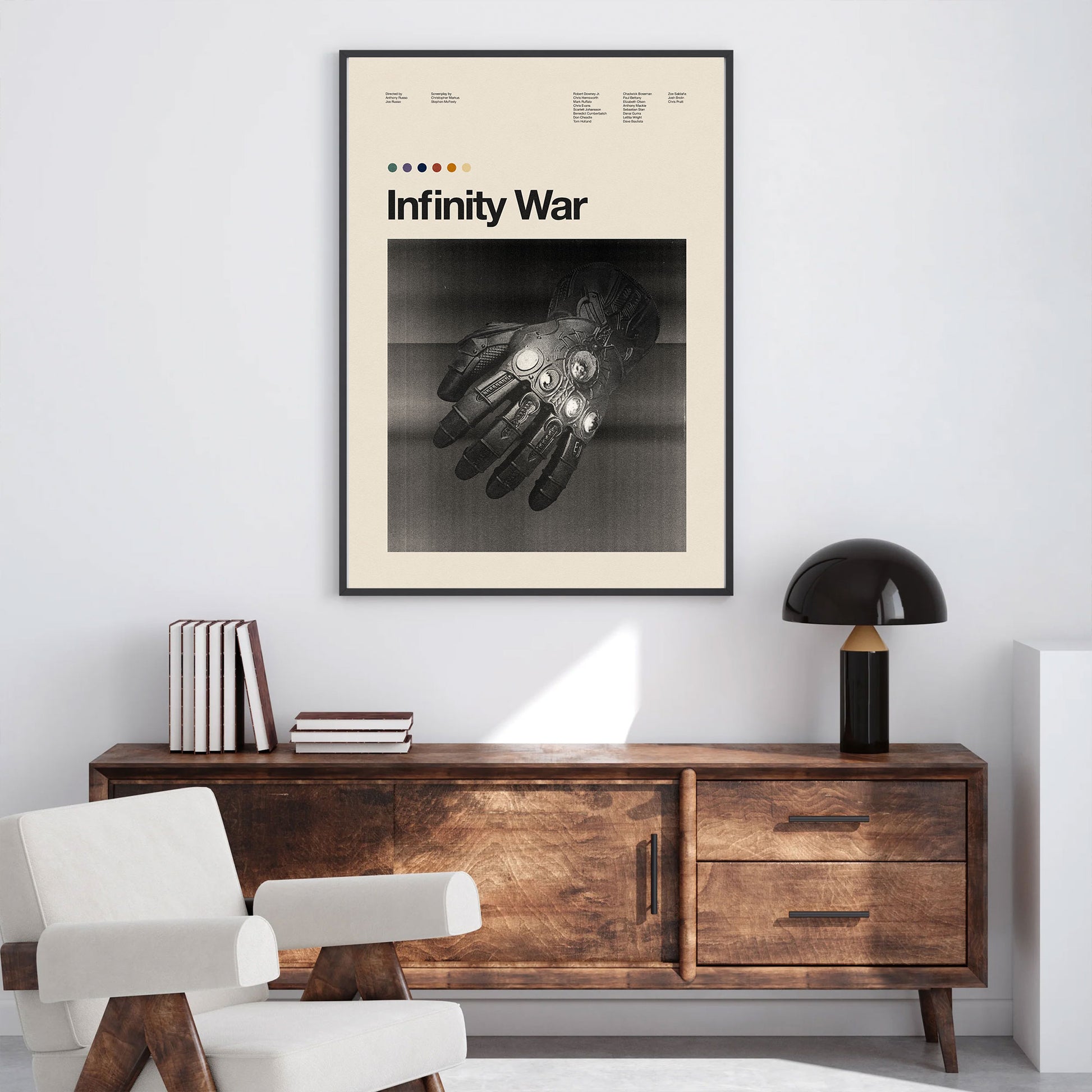 A movie-inspired framed print art featuring infinity gauntlet from the avengers movie