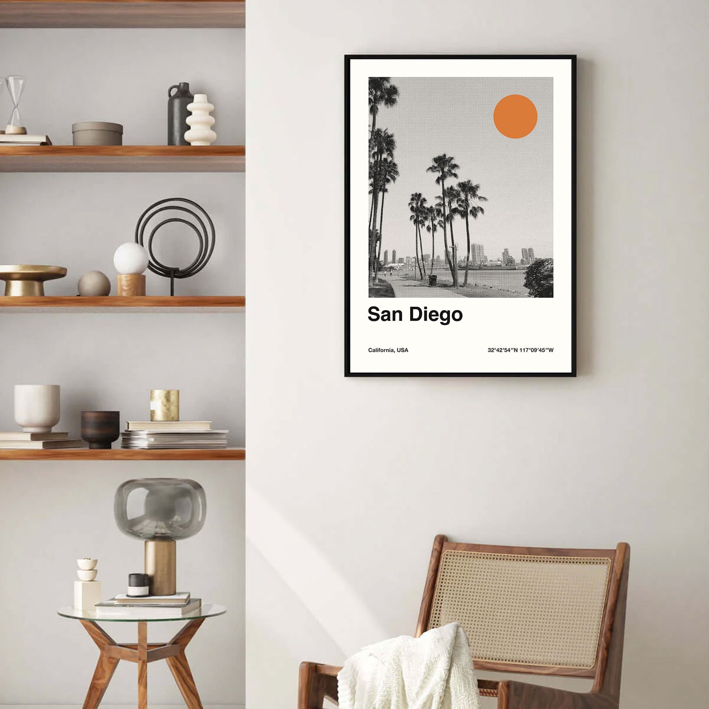 a print art of san diego beach with palm tree and orange sun