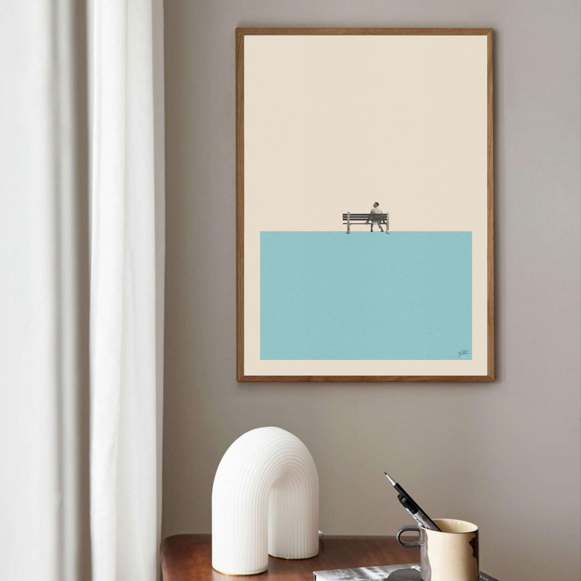 A museum quality framed print of thewallflowerclub's Forrest Gump sitting on a bench in the water.