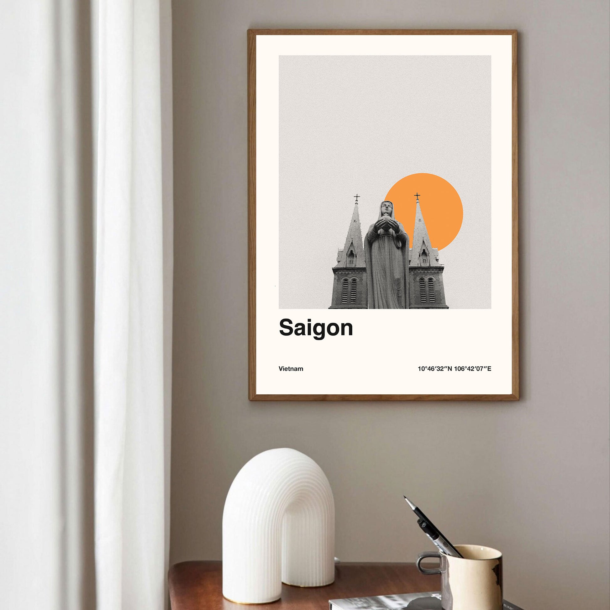 a abstract poster of the notre dame cathedral in saigon with coordinates
