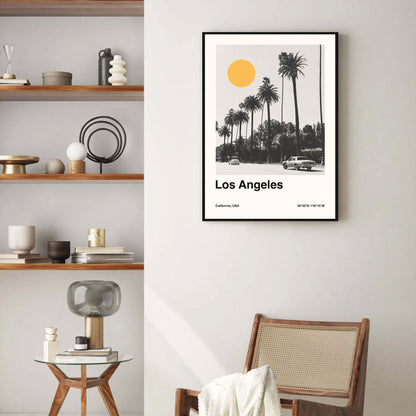 a minimalist mid century print art of los angeles street with palm trees