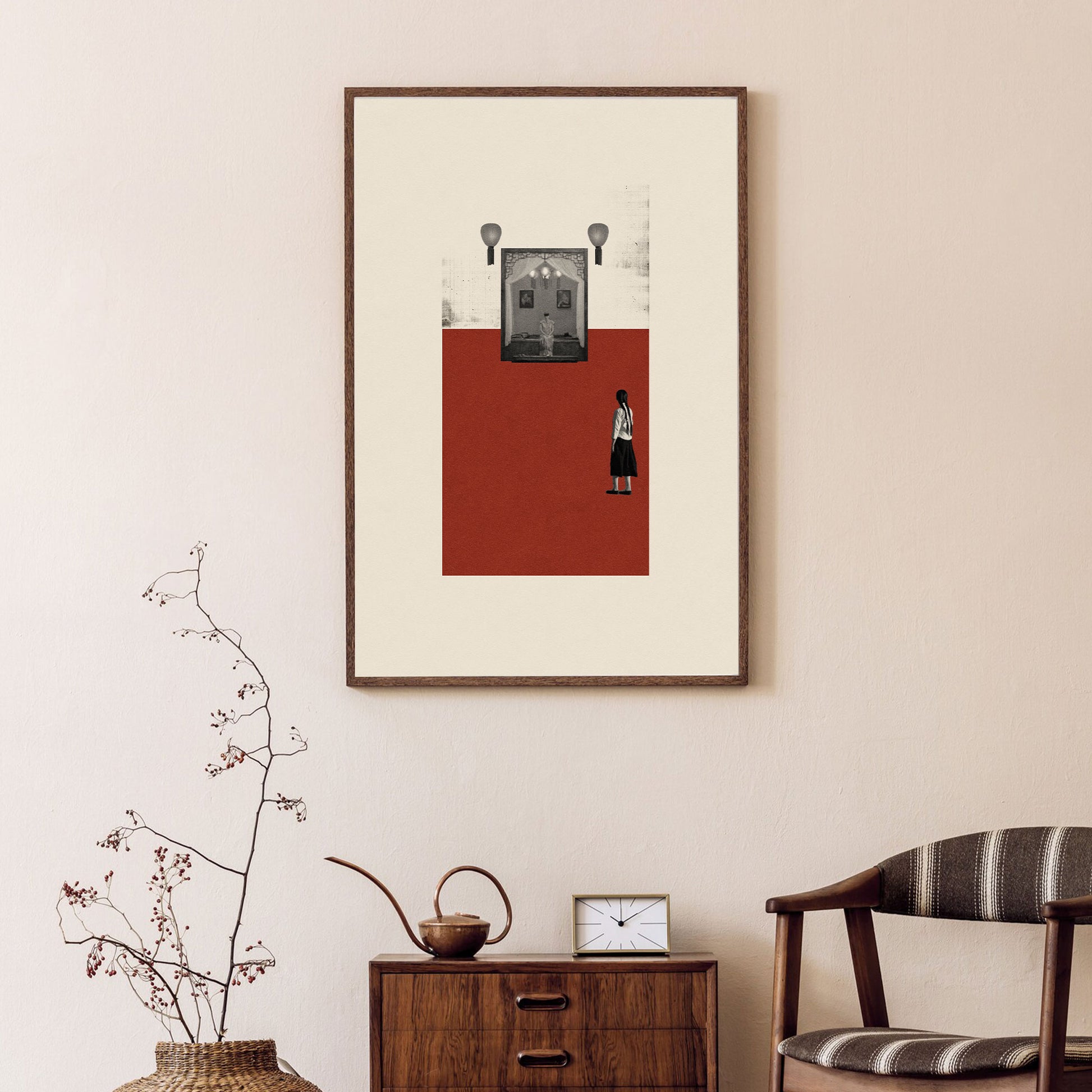A minimalistic collage art print featuring a woman in front of a red door with lantern