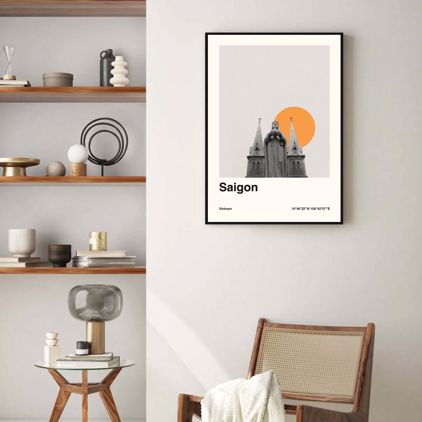 minimalist print art of the notre dame cathedral in saigon with coordinates