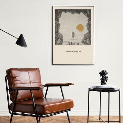 A minimalistic wall art print featuring an image of a ship and a sun in a living room