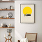 A minimalistic wall art featuring a yellow van and yellow sun inspired by mid-century modern aesthetics