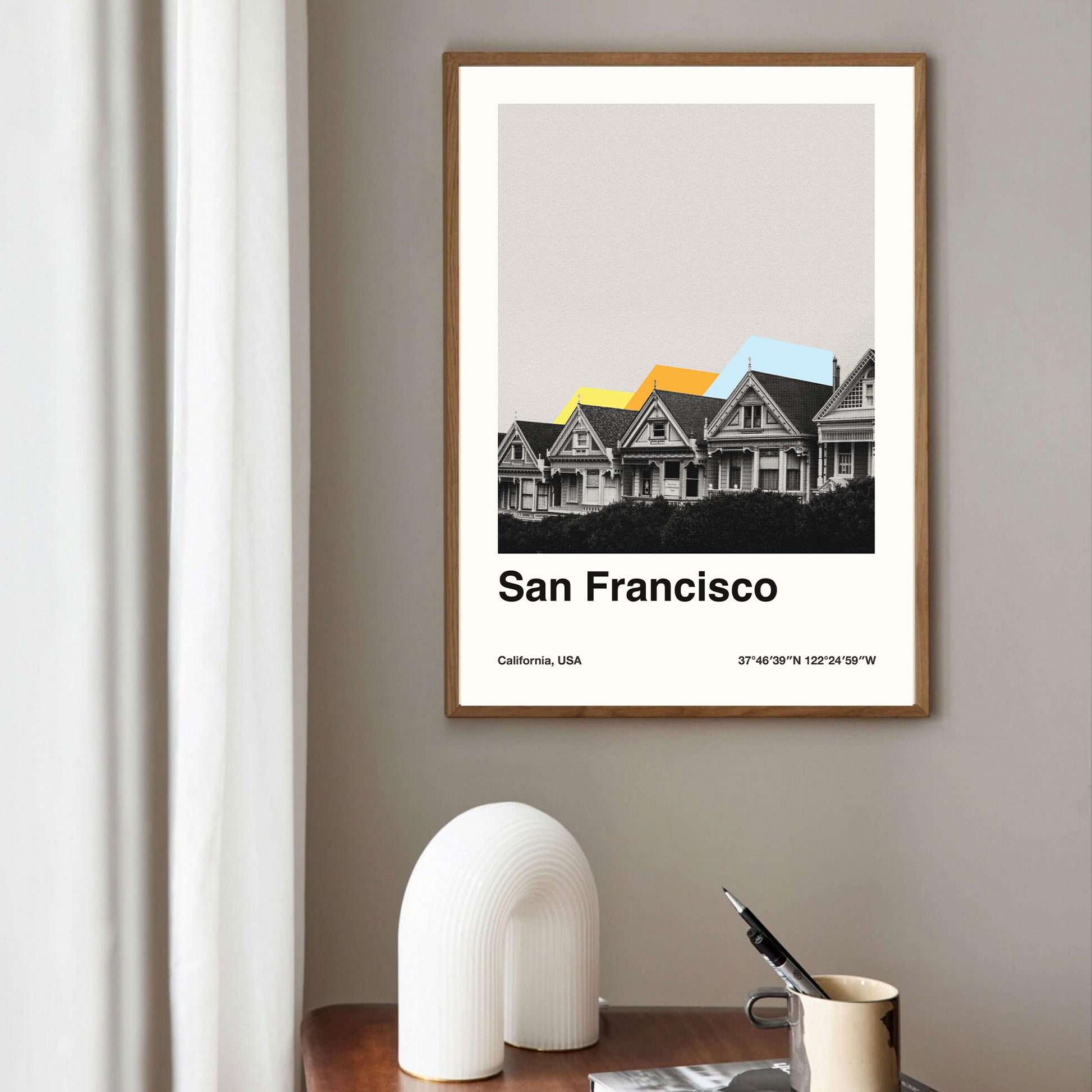 a minimalist print art of the painted ladies houses in san francisco with coordinates