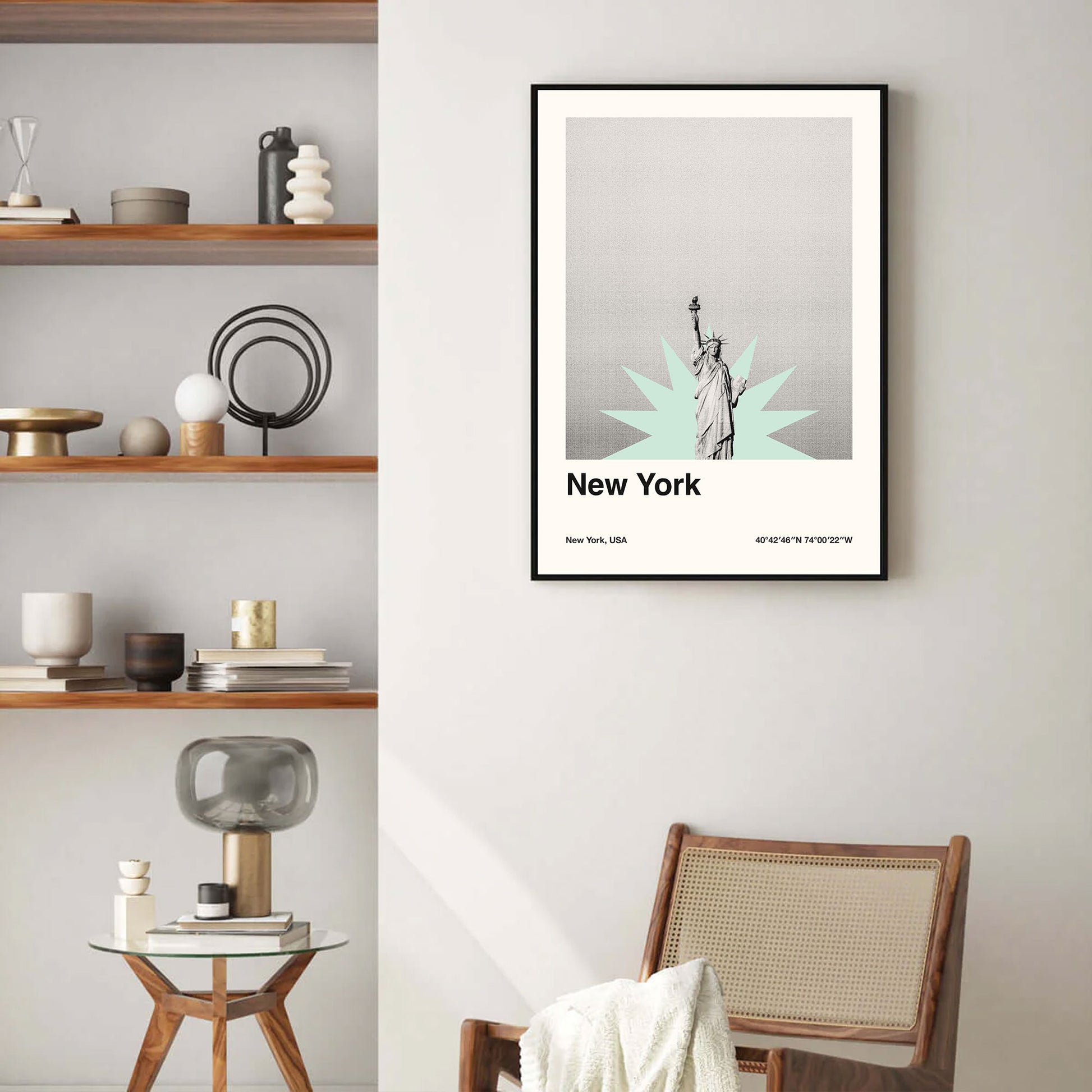 a minimalist poster of new york city featuring statue of liberty