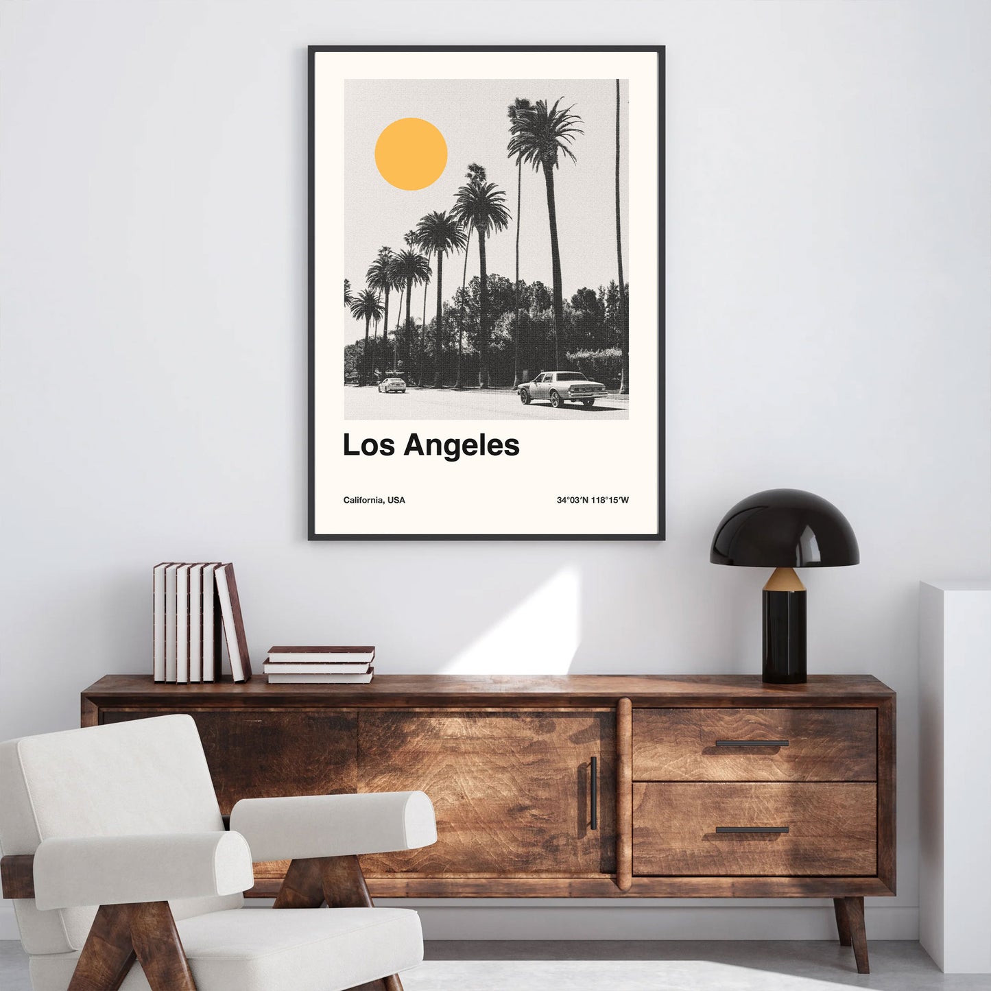 A print art of car, palm trees in los angeles california
