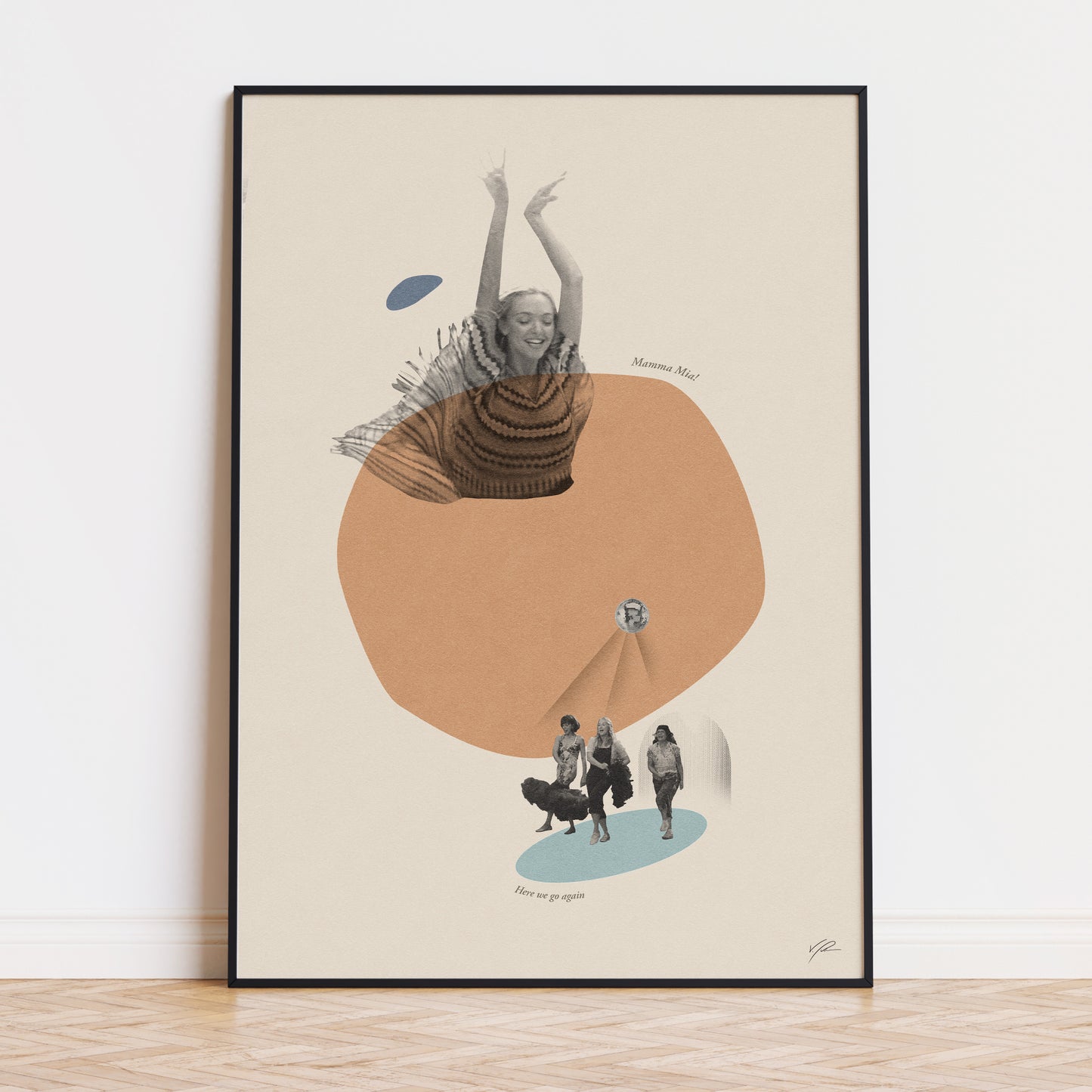 A minimalistic Mamma Mia movie print art featuring the main characters dancing