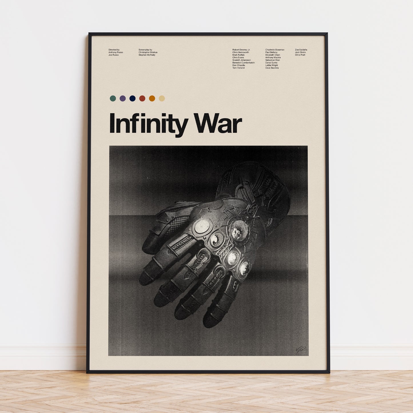 A minimalist movie poster of the infinity gauntlet with stones from Infinity War movie 