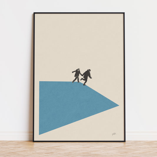 Print art of Eternal Sunshine of The Spotless Mind movie scene with the couple running on blue ice