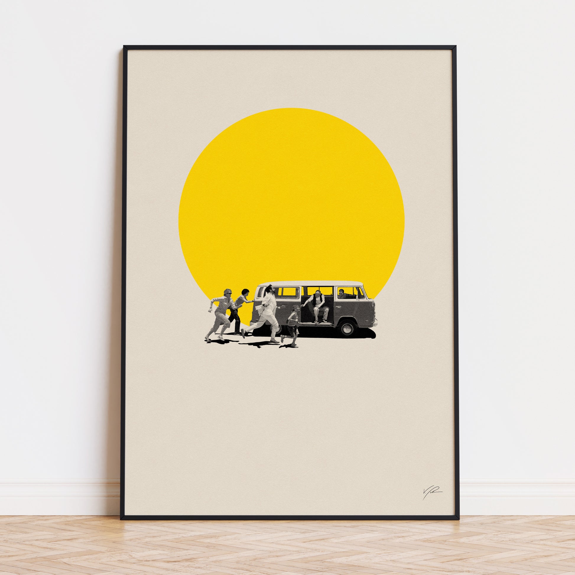 Little Miss Sunshine movie minimalistic print art featuring family chasing after a yellow van yellow sun 