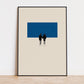 A Fight Club movie-inspired framed print art featuring Edward Norton and Helena Bonham Carter holding hand in front of a blue abstract shape