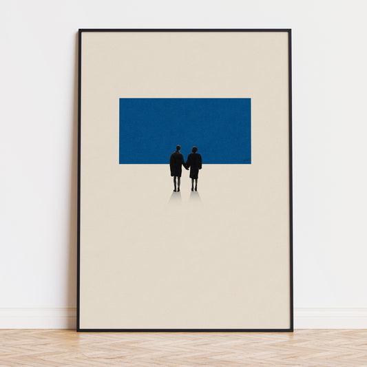 A Fight Club movie-inspired framed print art featuring Edward Norton and Helena Bonham Carter holding hand in front of a blue abstract shape