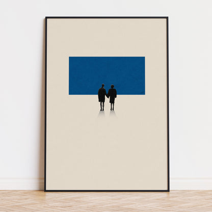 A Fight Club movie-inspired framed print art featuring Edward Norton and Helena Bonham Carter holding hand in front of a blue abstract shape