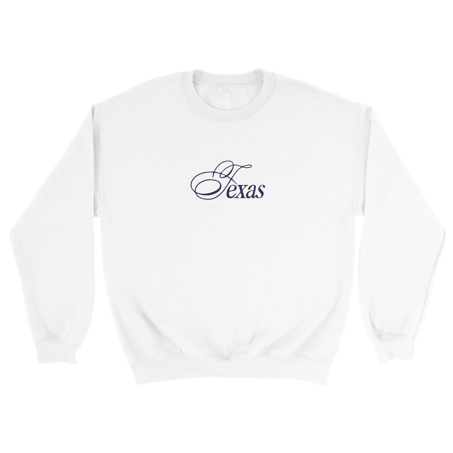 sweatshirt with embroidered navy text Texas in serif font