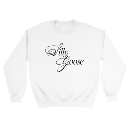 a white sweater with the word Silly Goose printed on