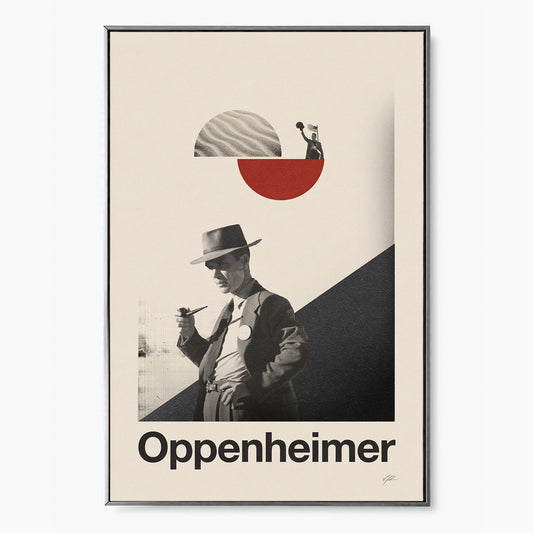 A minimalistic Oppenheimer movie poster featuring a man in a hat smoking a cigar